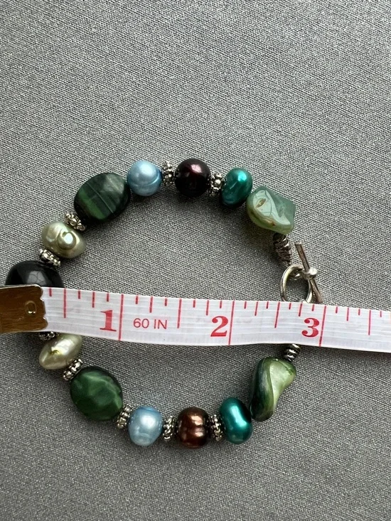Handmade Multicolor Green and Pearl Tone Beaded 3” Bracelet - Picture 9 of 12